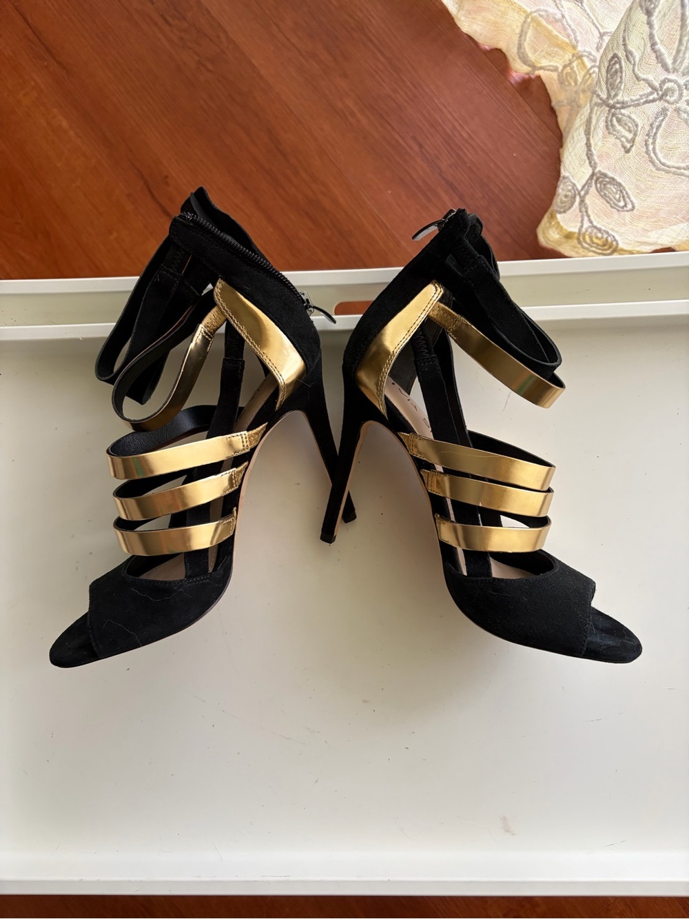 Via Spiga Black and Gold Strappy Lace-Up Heels